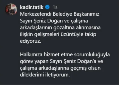 Başkan Tatık; "Göz altılara ilişkin gelişmeleri üzüntüyle takip ediyoruz"